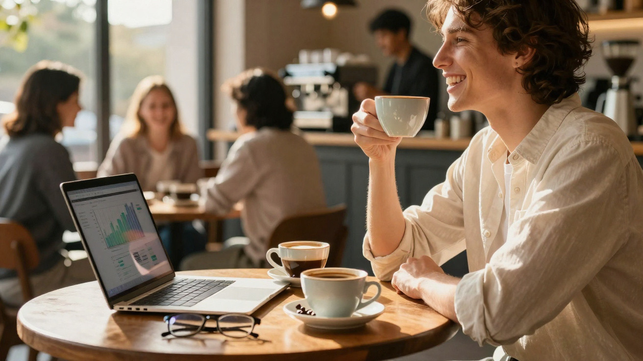 Jovem sorridente tomando café em cafeteria com laptop aberto e pessoas conversando ao fundo.