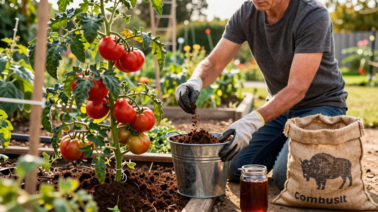 Pessoa usando luvas prepara fertilizante para planta de tomate em um jardim ao ar livre.