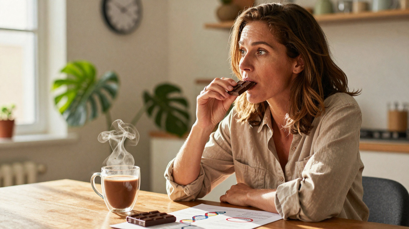 Mulher com expressão pensativa comendo chocolate em cozinha iluminada, ao lado de bebida quente e documentos.