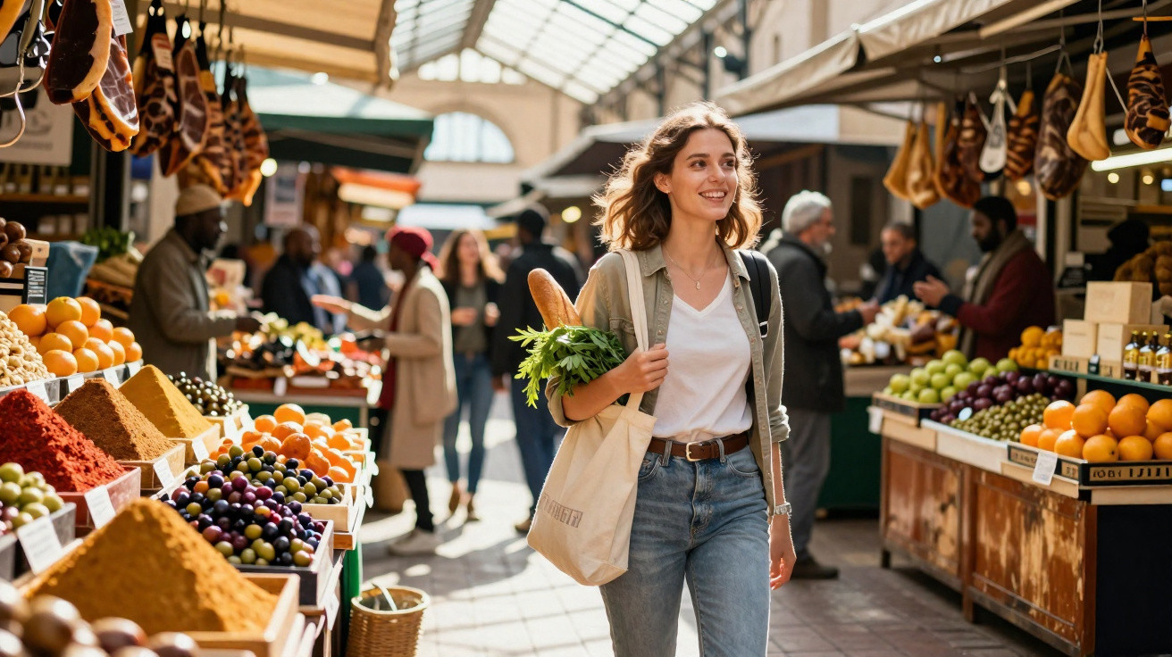 Mulher sorridente caminha em mercado aberto com sacola contendo pão e verduras, rodeada por frutas e temperos.