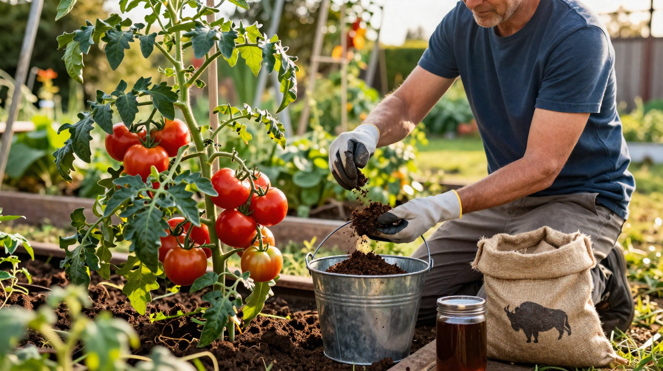 Homem trabalhando na horta, preparando terra ao lado de tomateiras com frutos vermelhos maduros.