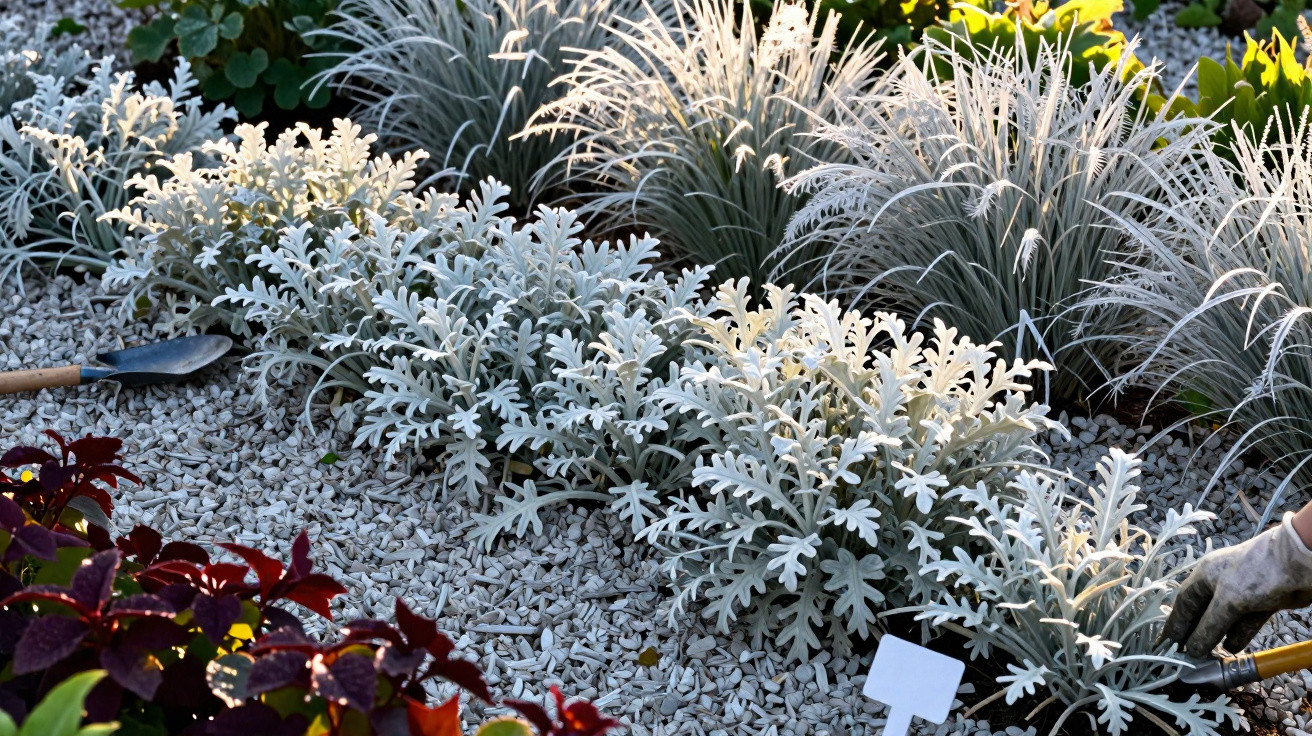 Plantas ornamentais prateadas e gramíneas em canteiro com cobertura de pedras brancas em jardim.