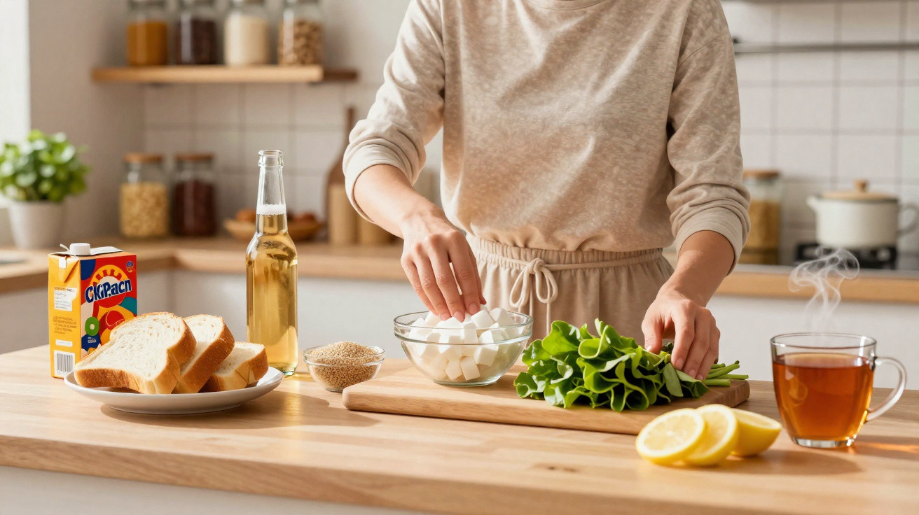 Pessoa preparando ingredientes na cozinha, com pão, suco, açúcar, alface, limão e chá quente.