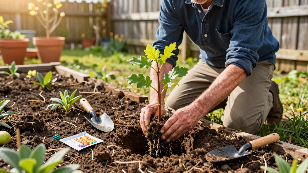 Pessoa plantando muda de árvore em canteiro com ferramentas de jardinagem ao redor.