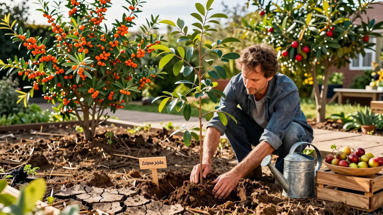 Homem plantando muda em horta com regador e cesto de frutas ao lado em dia ensolarado.