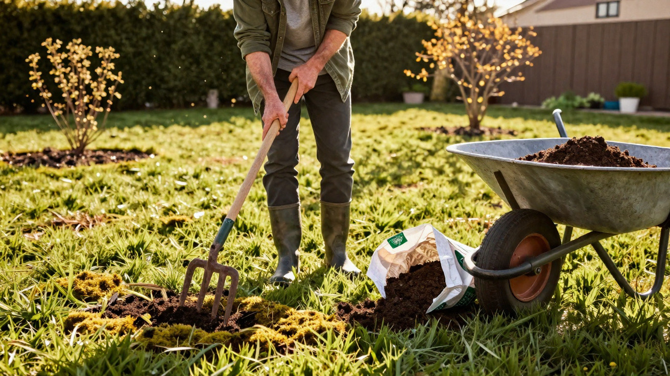 Pessoa usando botas trabalha em jardim com ancinho, carrinho de mão e saco de terra ao redor.