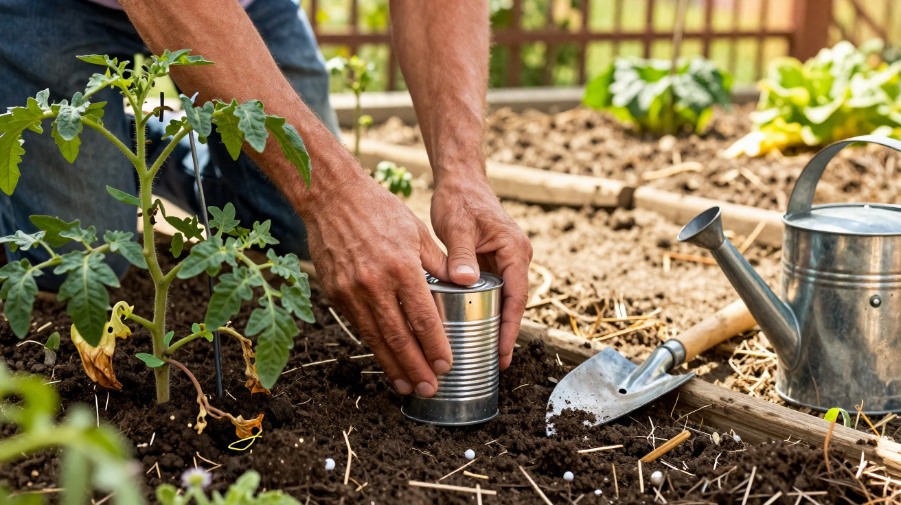 Mãos plantando sementeira em lata no solo com regador e pá ao lado em horta caseira.