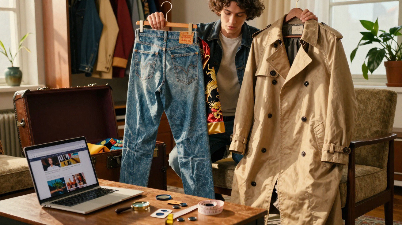 Pessoa comparando calça jeans e casaco bege enquanto senta no sofá em sala com laptop na mesa.