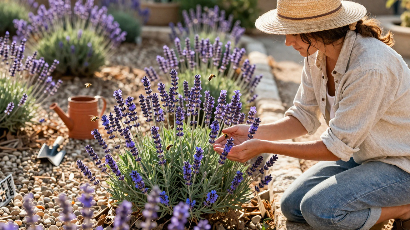 Mulher com chapéu cuidando de lavanda roxa em jardim com regador e ferramentas ao fundo.