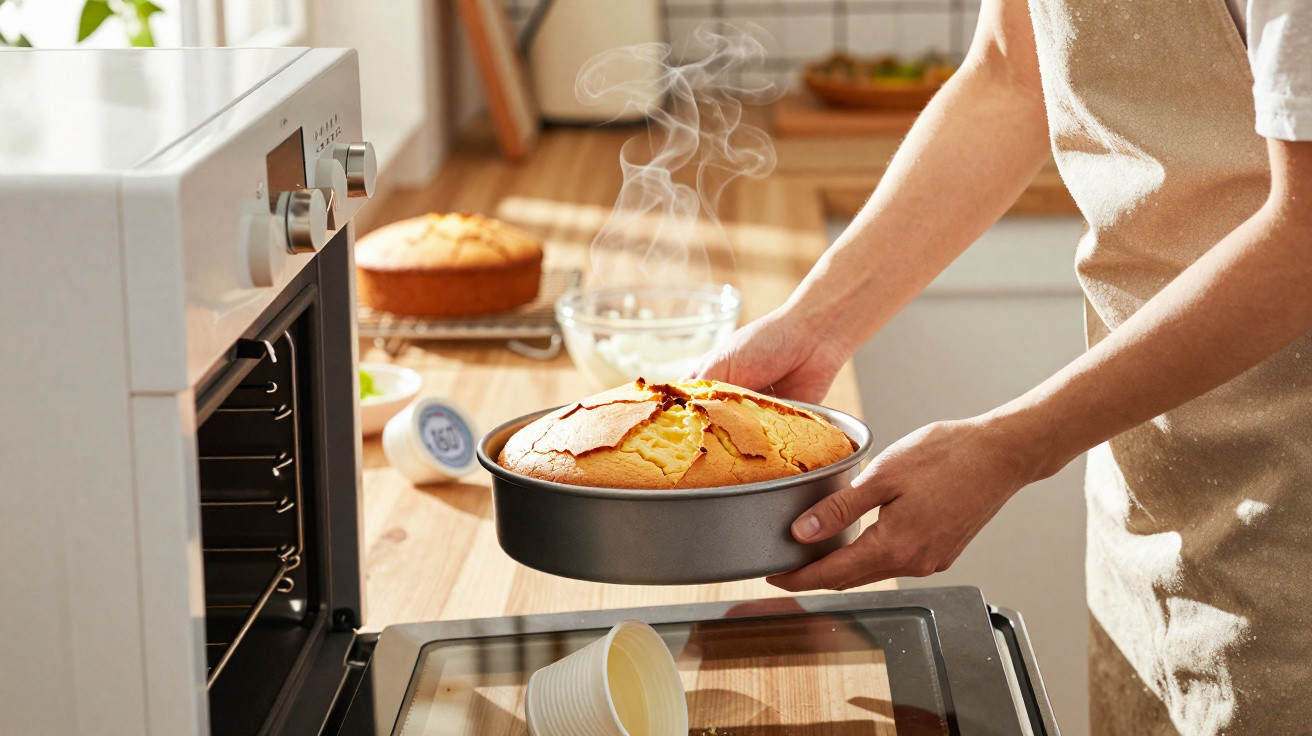 Pessoa retirando bolo recém-assado e fumegante do forno em cozinha iluminada pelo sol.