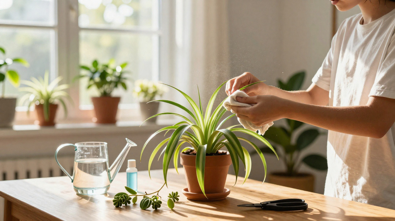 Pessoa cuidando de planta em vaso dentro de casa, com regador, tesoura e frasco ao redor na mesa de madeira.