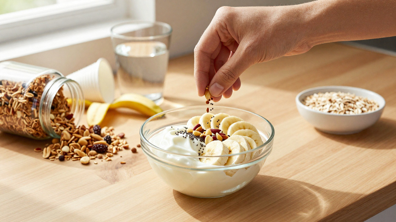 Mão adicionando sementes em tigela com iogurte, banana fatiada e castanhas sobre mesa de madeira.
