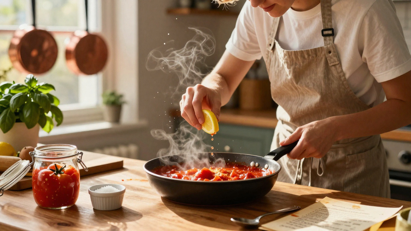 Pessoa espremendo limão sobre panela com molho de tomate fumegante em cozinha iluminada.