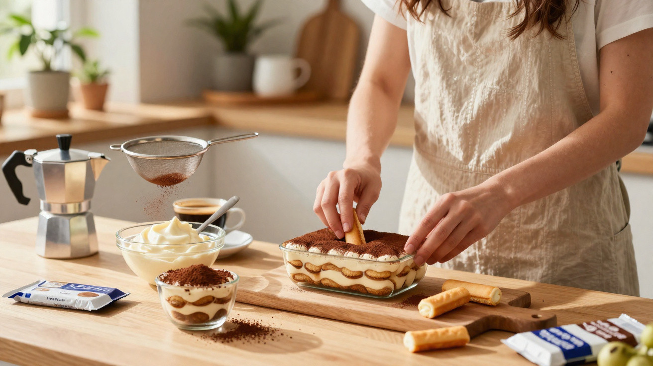 Pessoa preparando tiramisu com biscoitos, creme e cacau em pó em cozinha iluminada.