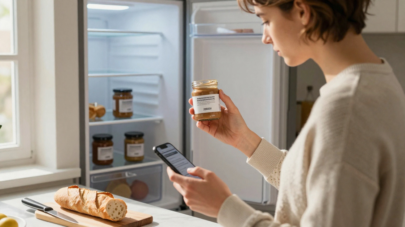 Mulher lendo rótulo de pote enquanto usa celular na cozinha com geladeira aberta ao fundo.