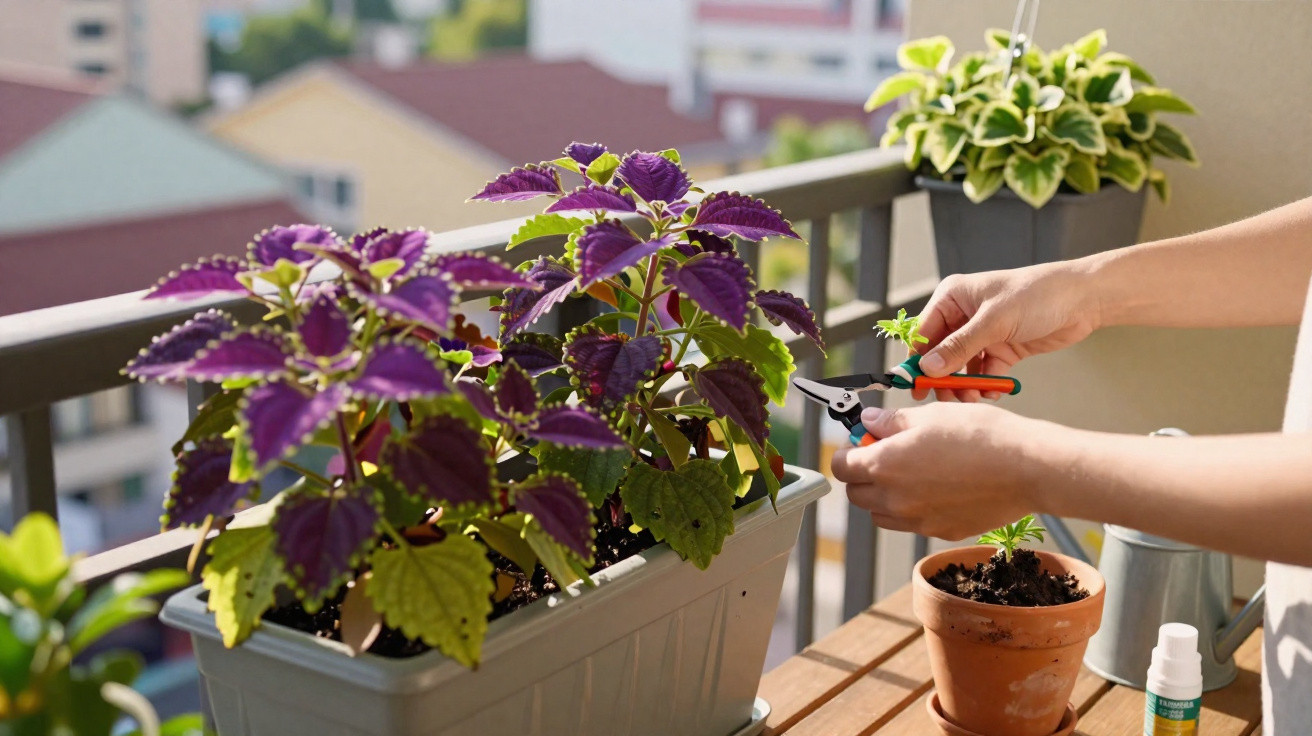 Mãos podando planta com folhas roxas e verdes em vaso, em varanda com outras plantas ao fundo.