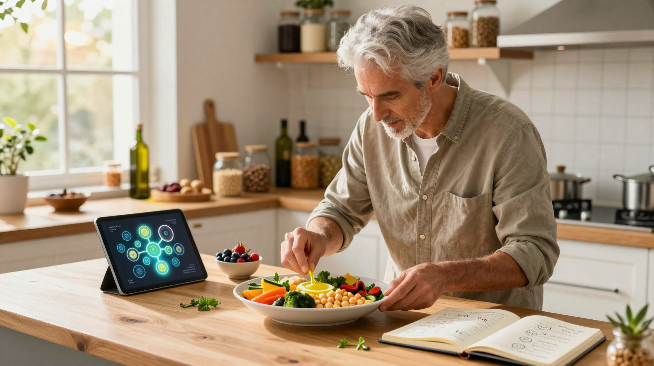 Homem maduro preparando salada saudável na cozinha moderna com tablet e livro aberto na bancada.
