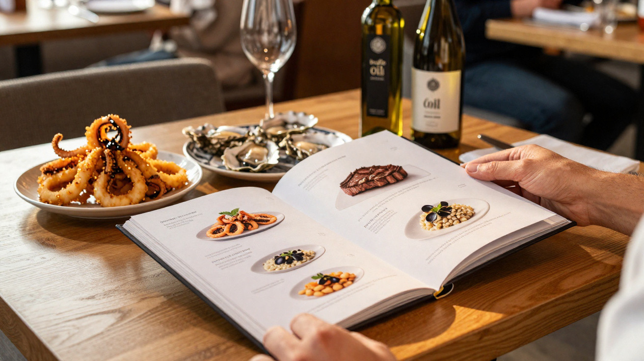 Pessoa folheando cardápio de pratos gourmet com mesa de madeira, vinho, ostras e lula empanada ao fundo.