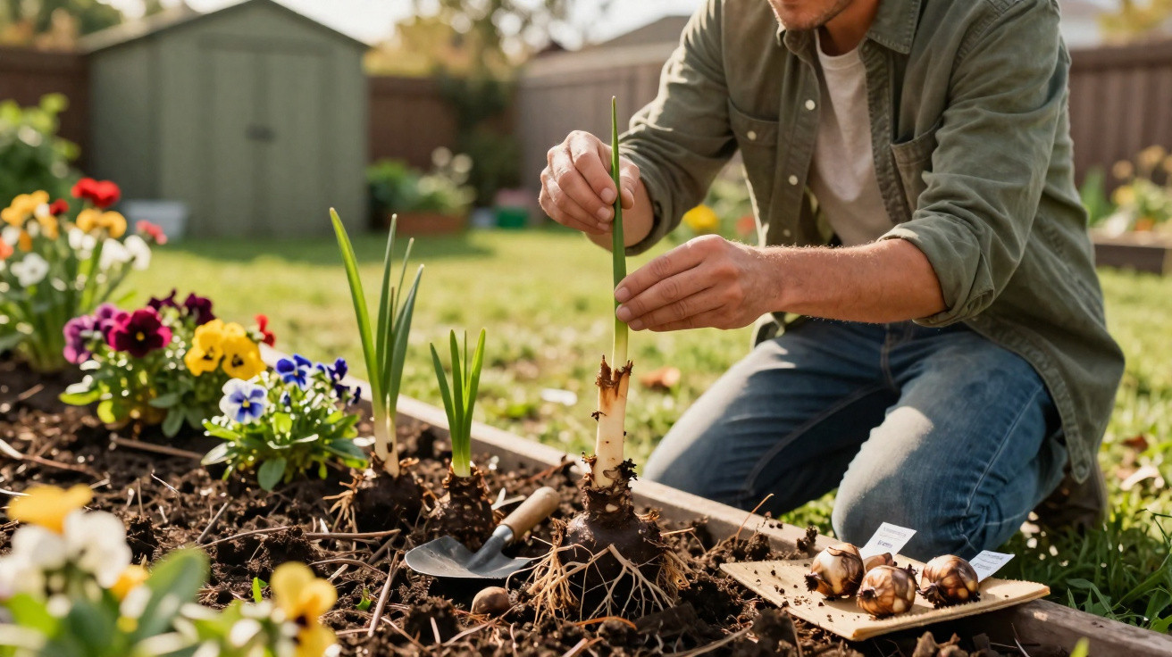Homem plantando flores e bulbos em canteiro de jardim ao ar livre em dia ensolarado.