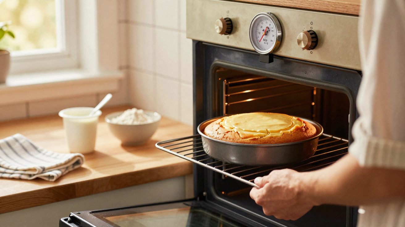 Pessoa retirando bolo com cobertura do forno em cozinha com utensílios ao fundo.