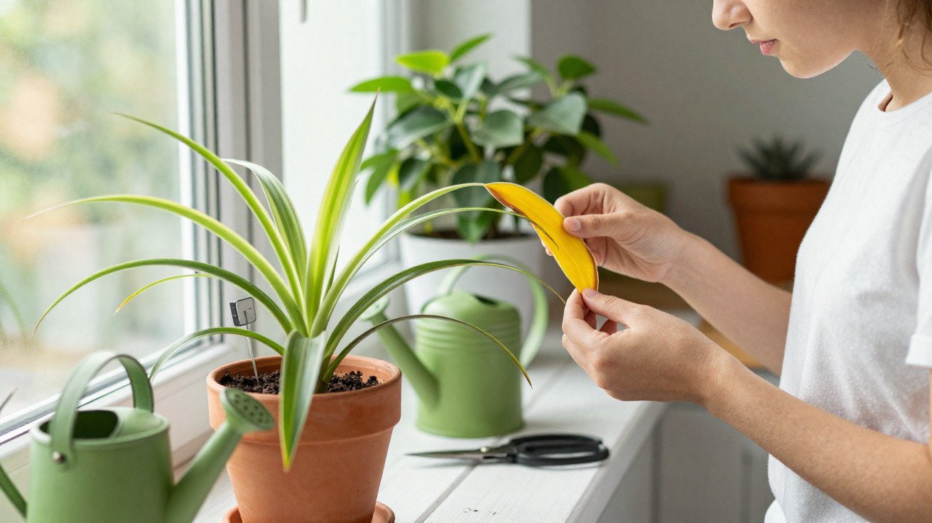 Pessoa removendo folha amarela de planta em vaso na janela com regadores e tesoura ao lado.