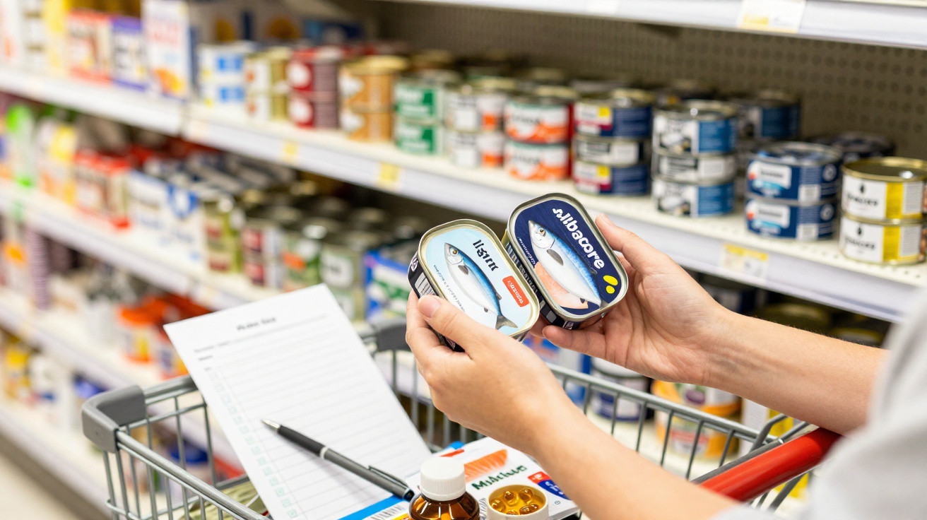 Pessoa comparando latas de atum em supermercado, carrinho com lista e produtos ao fundo.