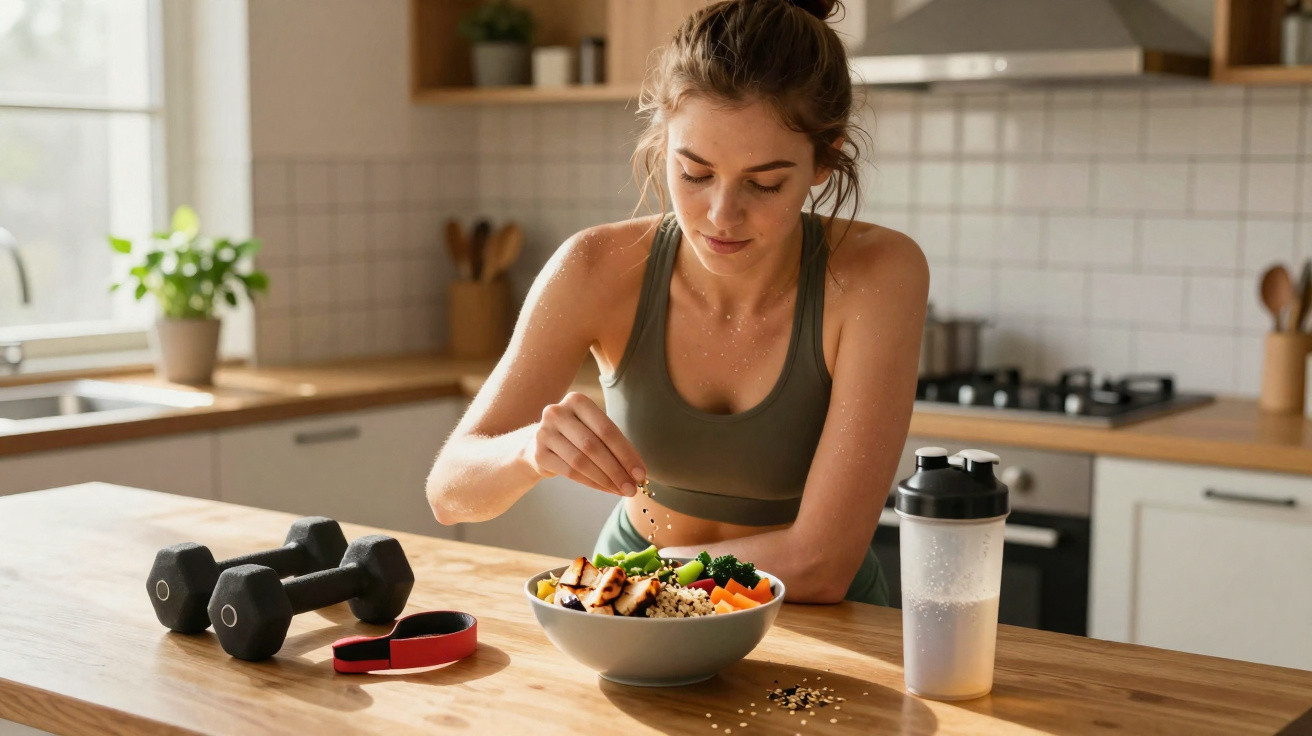 Mulher em roupa esportiva tempera salada saudável na cozinha após treino, com halteres e coqueteleira na mesa.