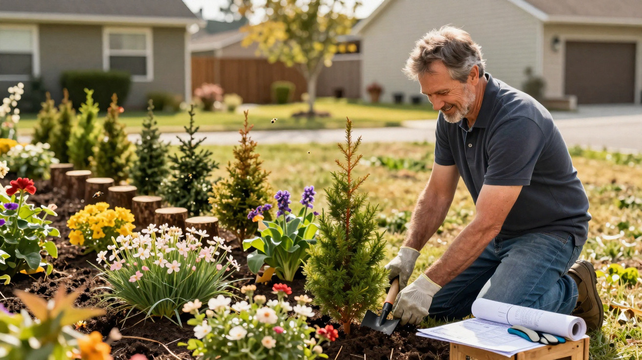 Homem sorridente plantando árvore em jardim florido na frente de casa em bairro residencial.