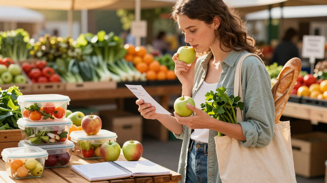 Mulher com sacola ecológica olhando lista e cheirando maçã em feira ao ar livre com frutas frescas ao fundo.
