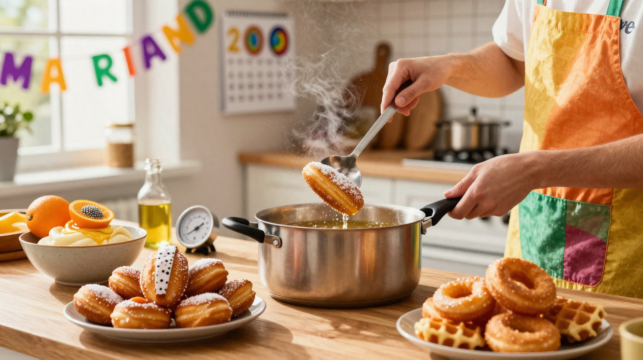 Pessoa retirando rosquinha quente de panela com colher em cozinha decorada para festa infantil.