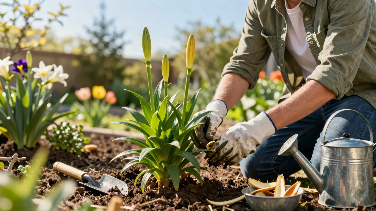 Pessoa plantando flores em um jardim com luvas, regador e ferramenta de jardinagem ao redor.