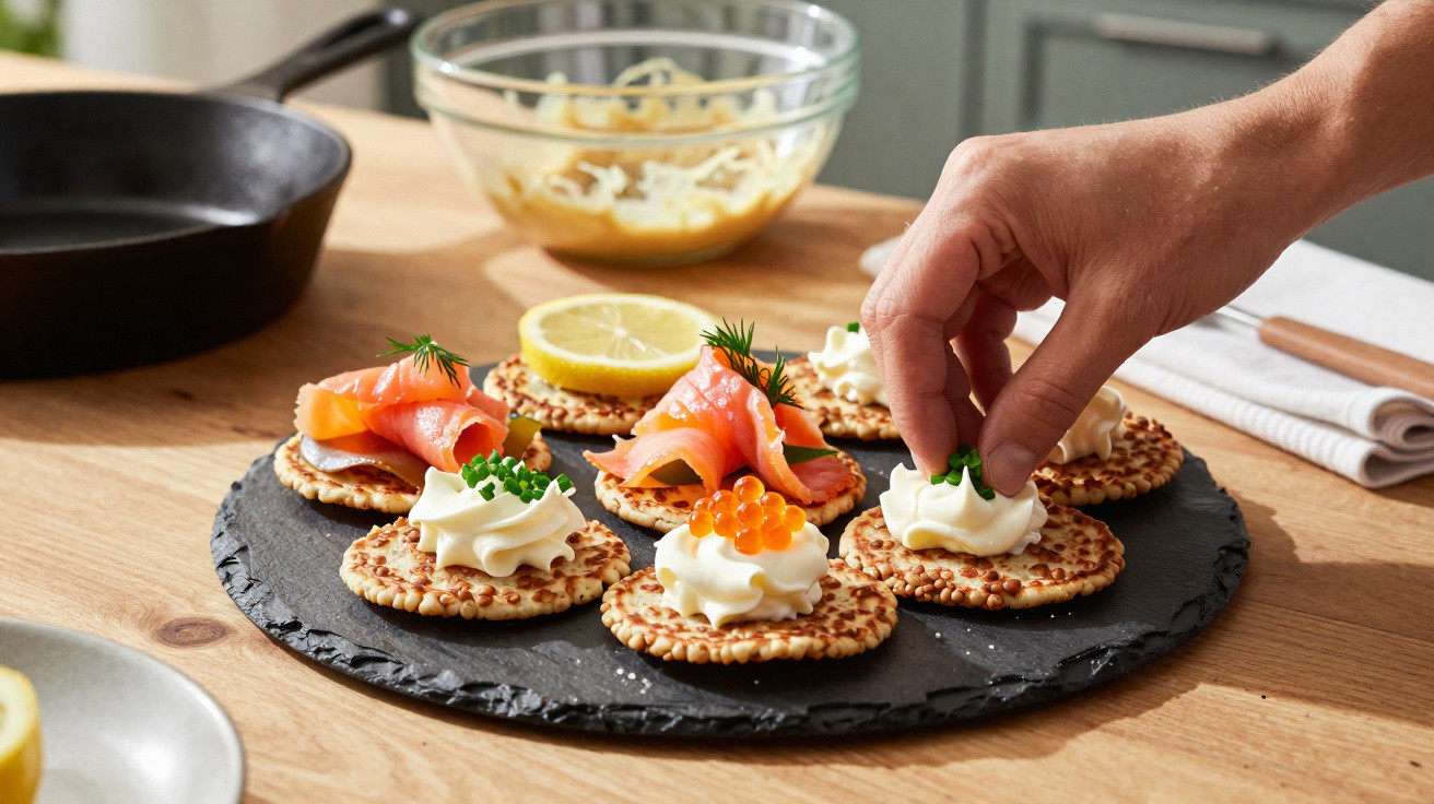 Mãos decorando aperitivos com creme, salmão e caviar em mini panquecas sobre prato preto.