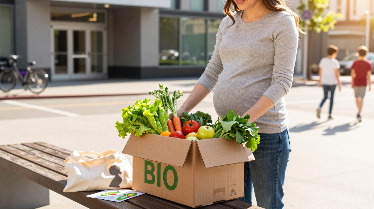Mulher grávida em área urbana segura caixa de papelão com verduras e frutas orgânicas BIO.