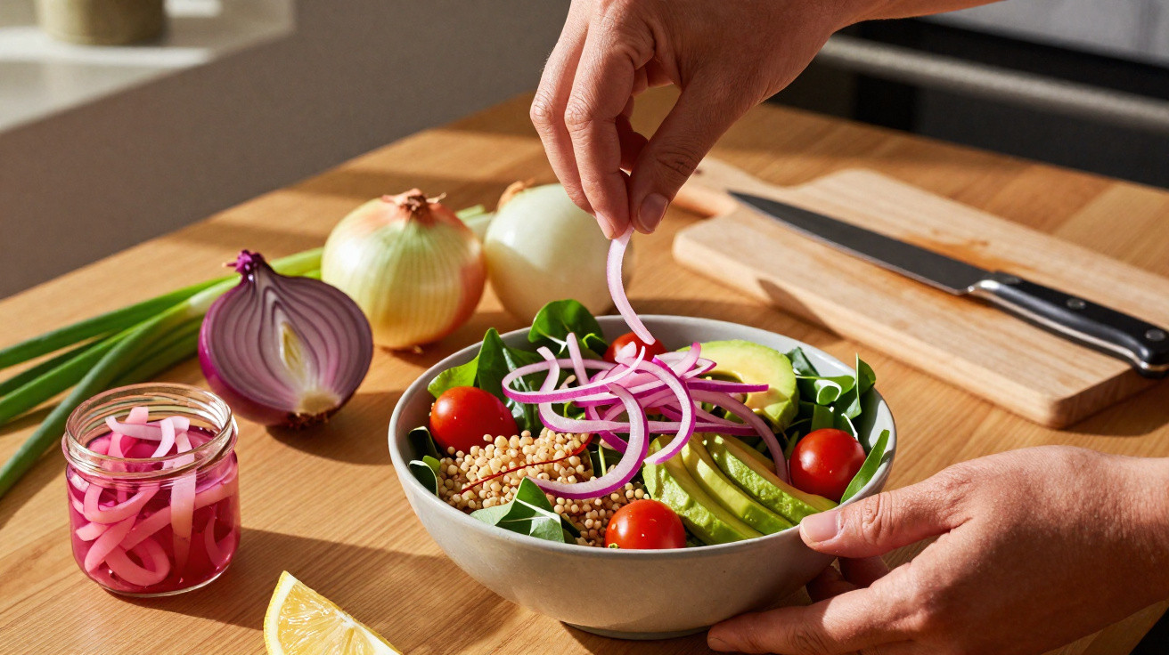 Pessoa adiciona cebola roxa em salada com tomates, abacate e grãos em tigela na mesa de madeira.