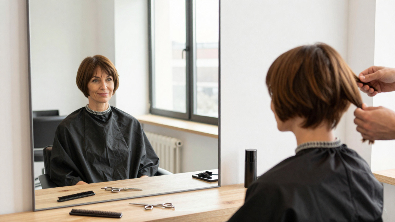 Mulher com corte de cabelo curto sentada em cadeira de salão, olhando para espelho durante corte.