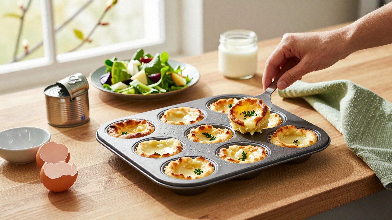 Pessoa retirando mini quiches assadas em forma de cupcake sobre mesa com salada, ovos e pote de leite.