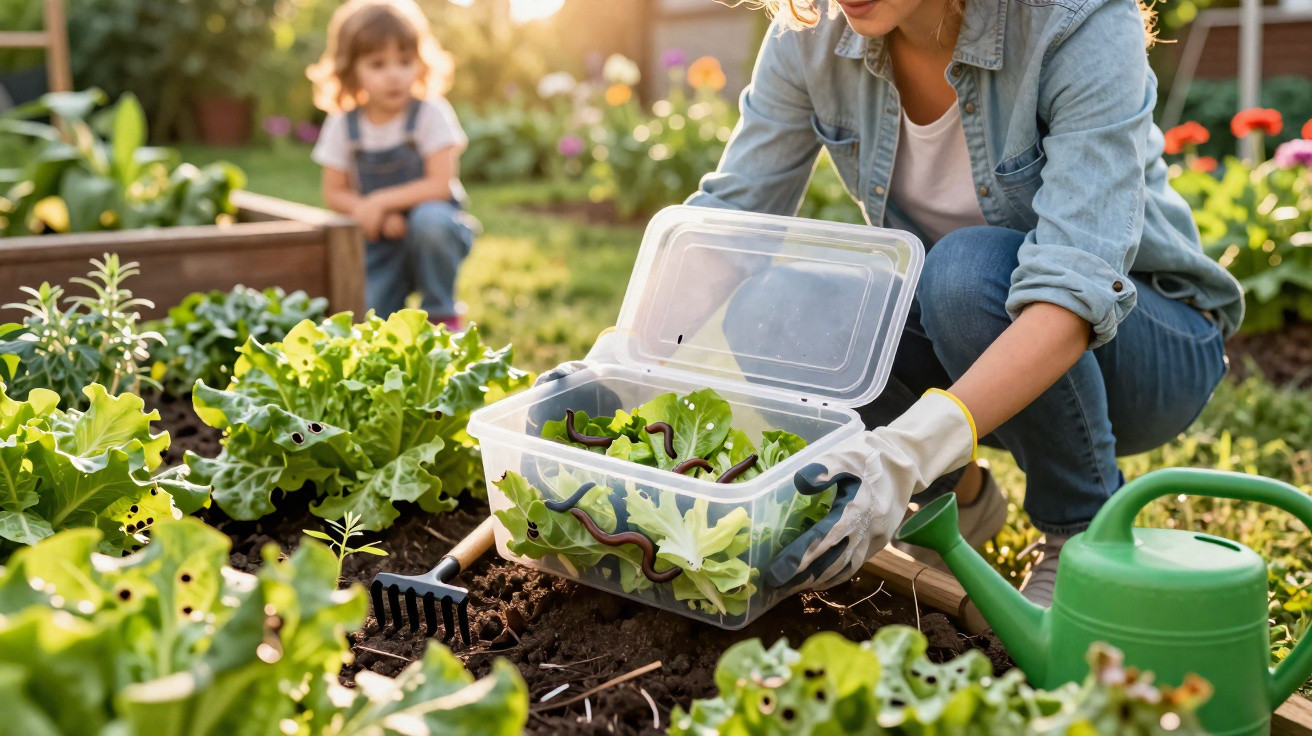 Mulher jardinando, colocando minhocas em recipiente com folhas verdes, criança observa ao fundo.