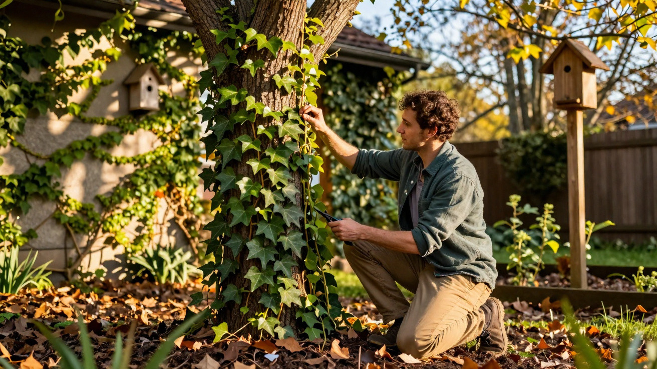 Homem cuidando de planta trepadeira em árvore no jardim com casinha de passarinho ao fundo.