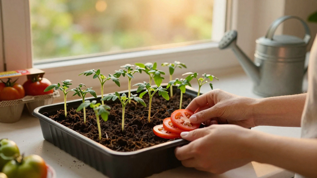 Mãos colocando fatias de tomate em bandeja com mudas de tomateiras próximas a janela iluminada.