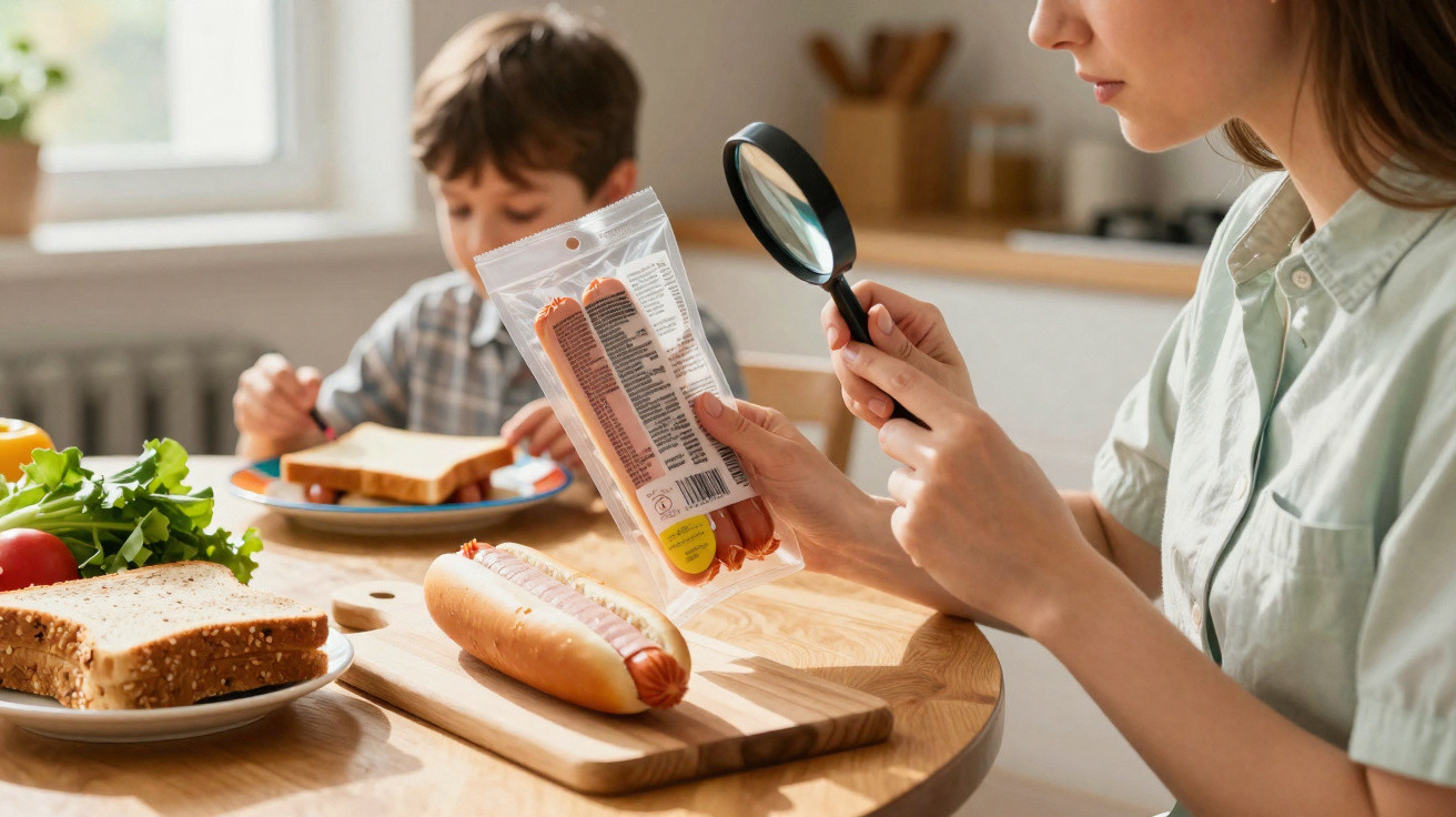 Mulher usando lupa para ler ingredientes de pacote de salsichas enquanto menino prepara lanche atrás.