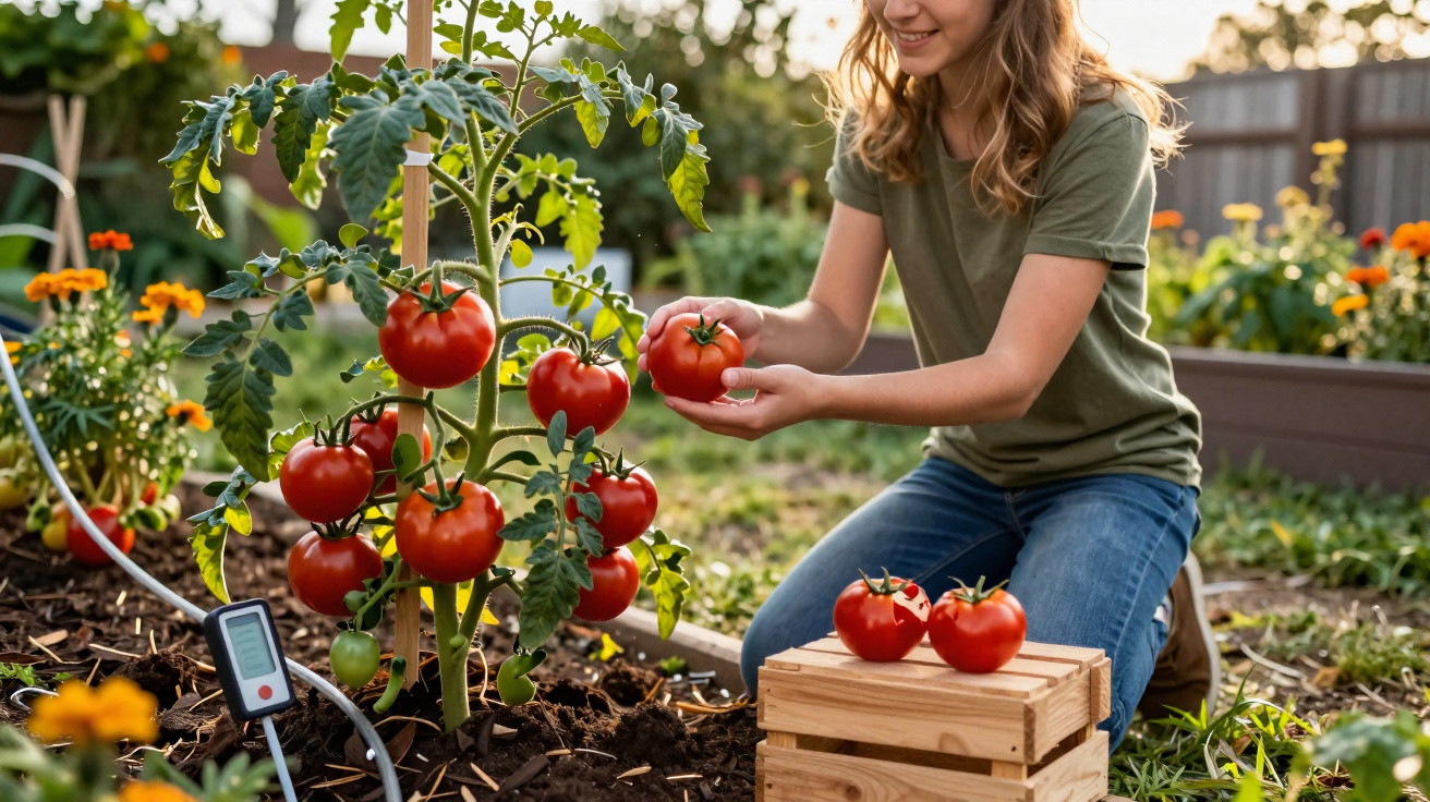 Criança colhendo tomates maduros em hortaliça ao ar livre durante fim de tarde.