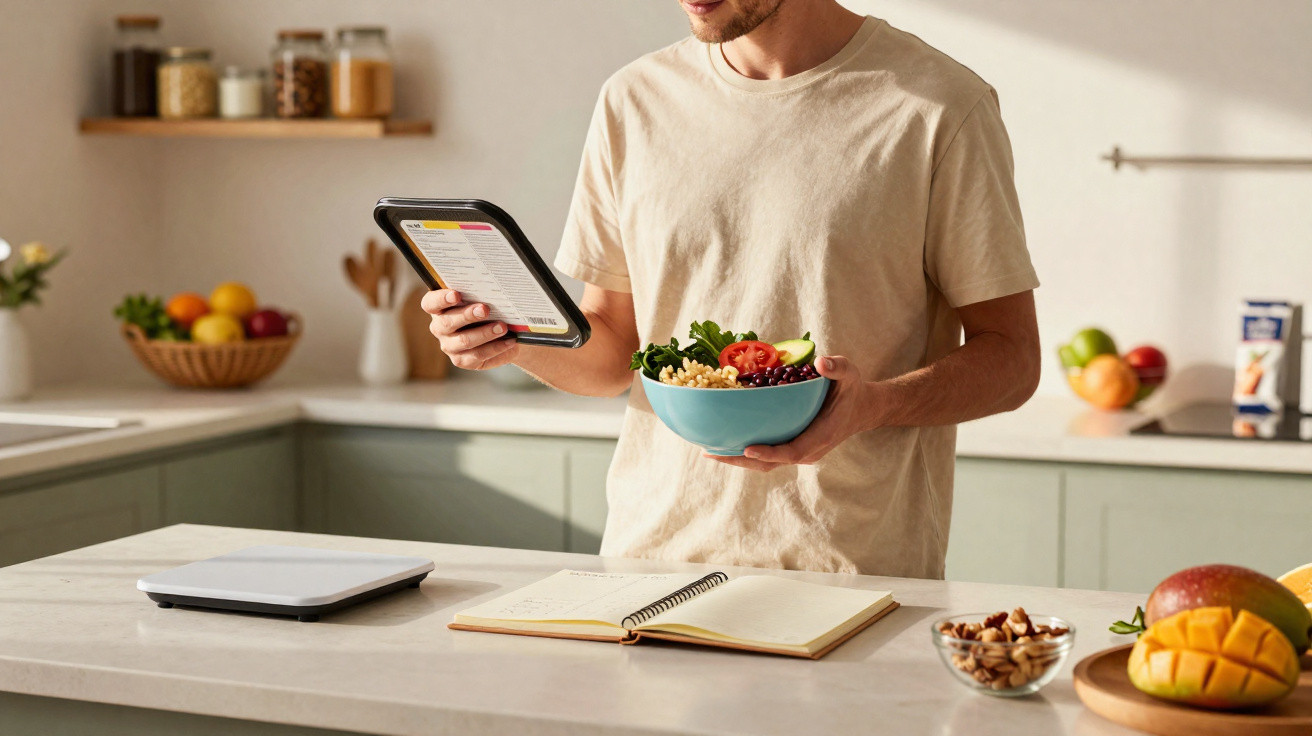 Pessoa segurando tigela de salada e tablet na cozinha, com livro aberto e alimentos sobre a bancada.