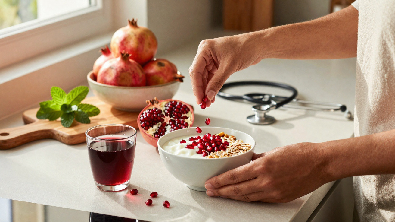 Pessoa colocando sementes de romã em tigela com iogurte e granola ao lado de copo de suco e romãs frescas.