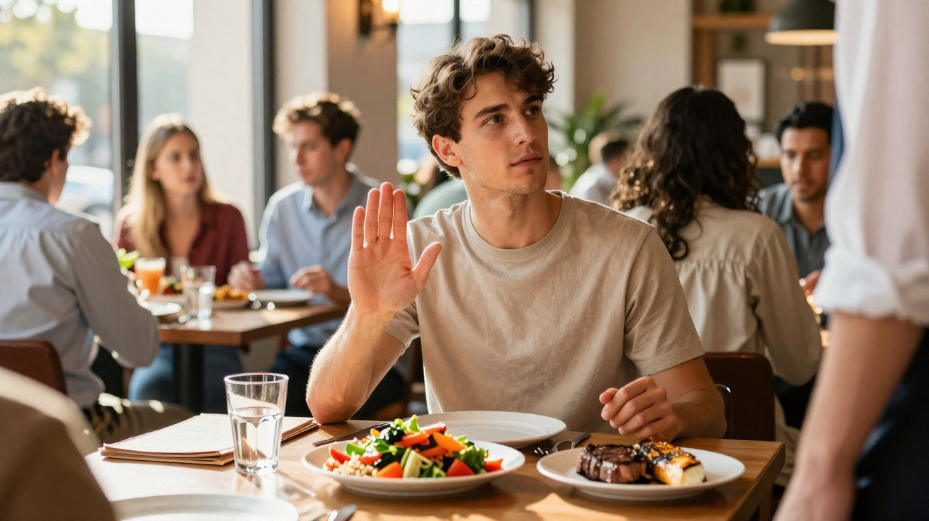 Jovem em restaurante gesticulando com a mão para recusar a carne, com prato de salada na frente.