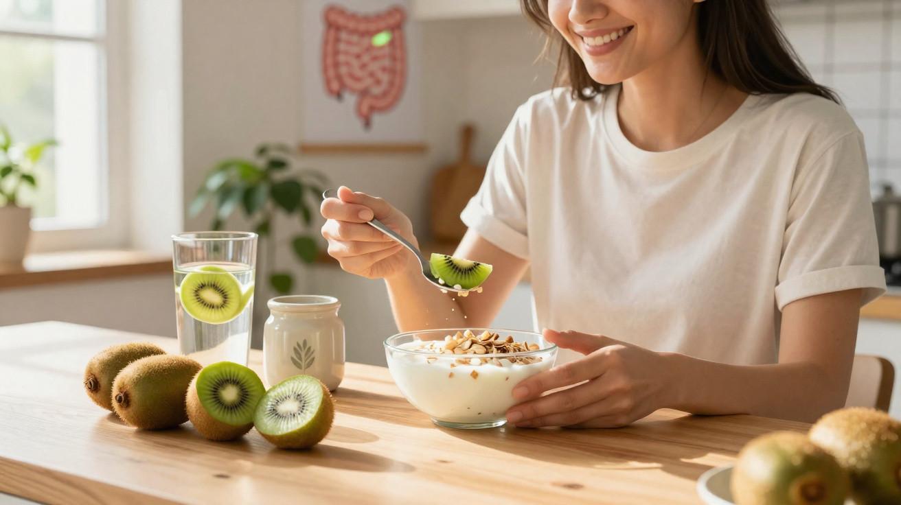 Mulher sorridente comendo iogurte com granola e kiwi em mesa de madeira iluminada pela janela.