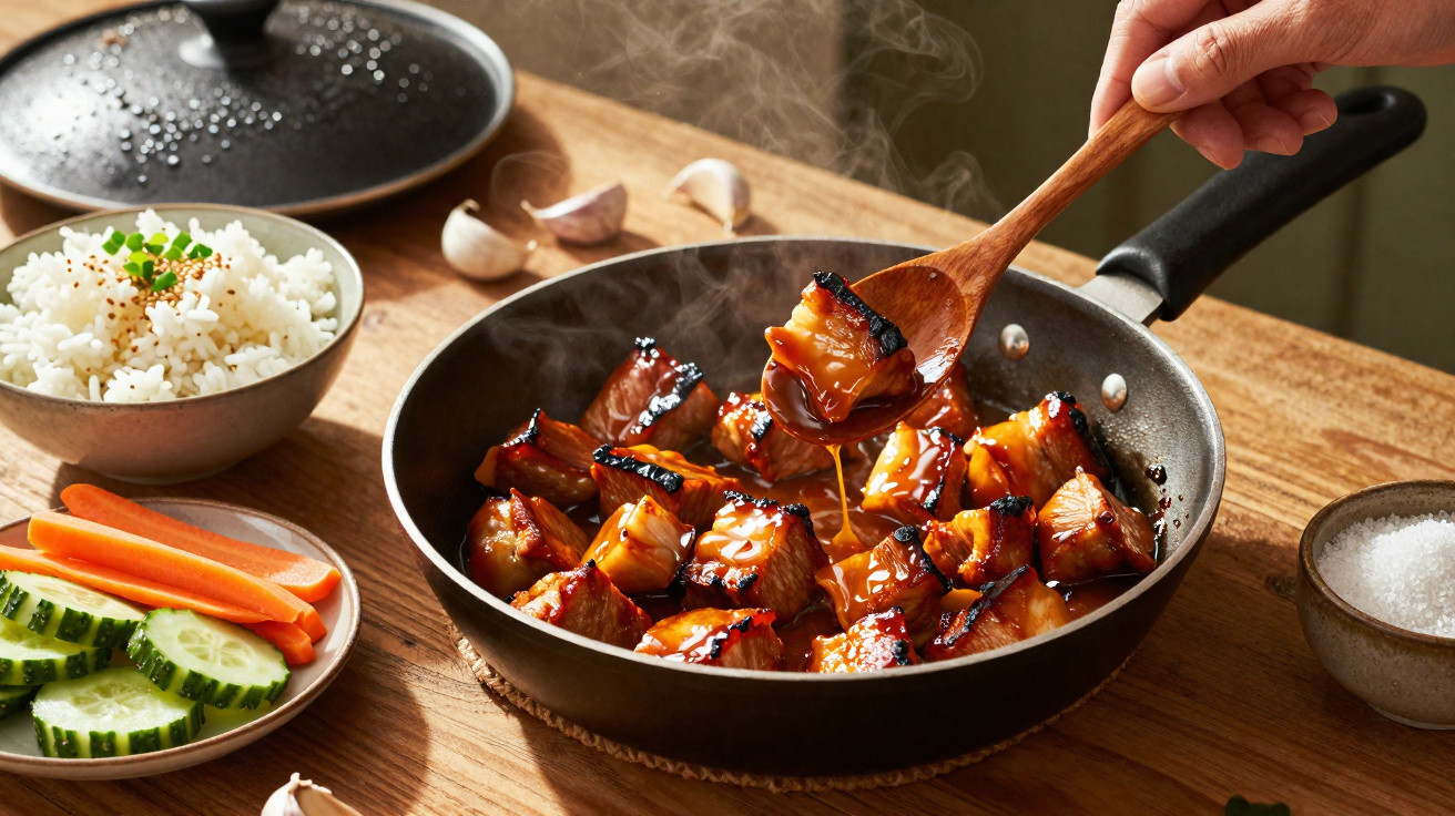 Panela com pedaços de carne caramelizados com garfo retirando um pedaço, arroz branco e legumes ao lado.