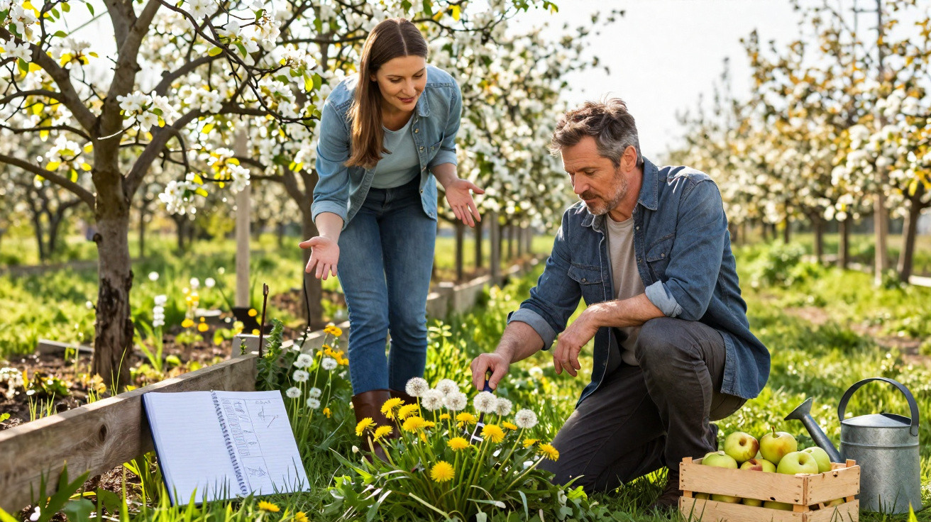 Homem e mulher conversam em pomar enquanto analisam flores e frutas sob árvores floridas na primavera.