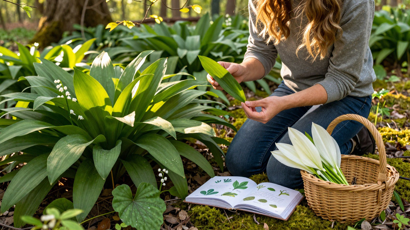 Mulher analisando folhas e flores com livro aberto e cesta com flores em ambiente natural.