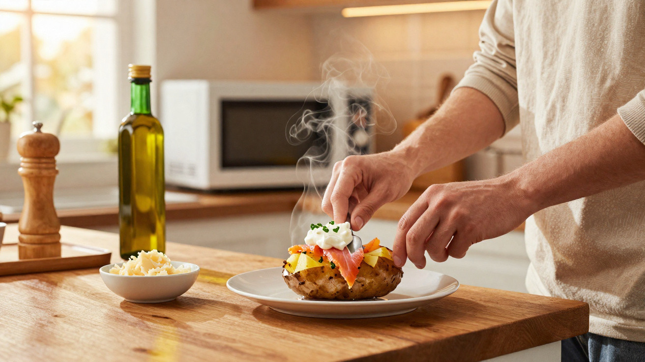 Pessoa adiciona creme azedo em batata assada com salmão defumado e cebolinha em cozinha iluminada.