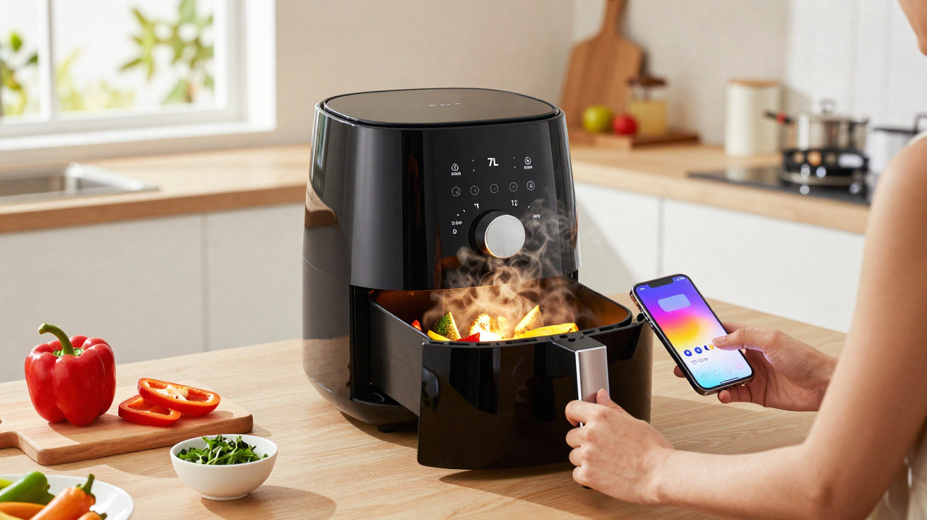 Pessoa usando smartphone ao lado de fritadeira elétrica preta com alimentos frescos na cozinha clara